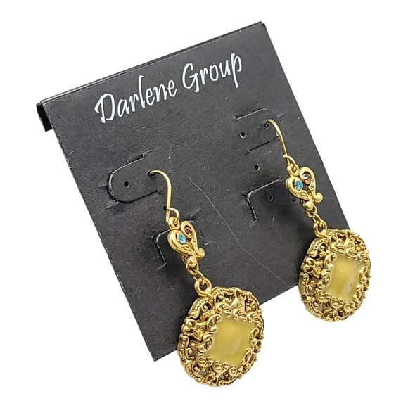 Darlene Group Gold Open Filigree Round Dangle Earrings Multi Colored Rhinestones - Picture 2 of 4